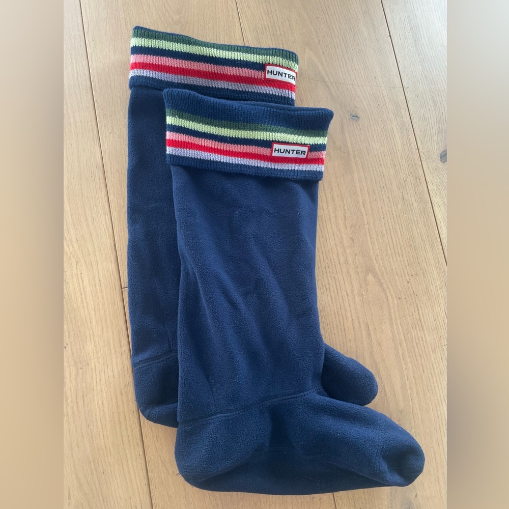 Hunter Fleece Cuff Tall Boot Socks - Navy w/ Striped Cuff